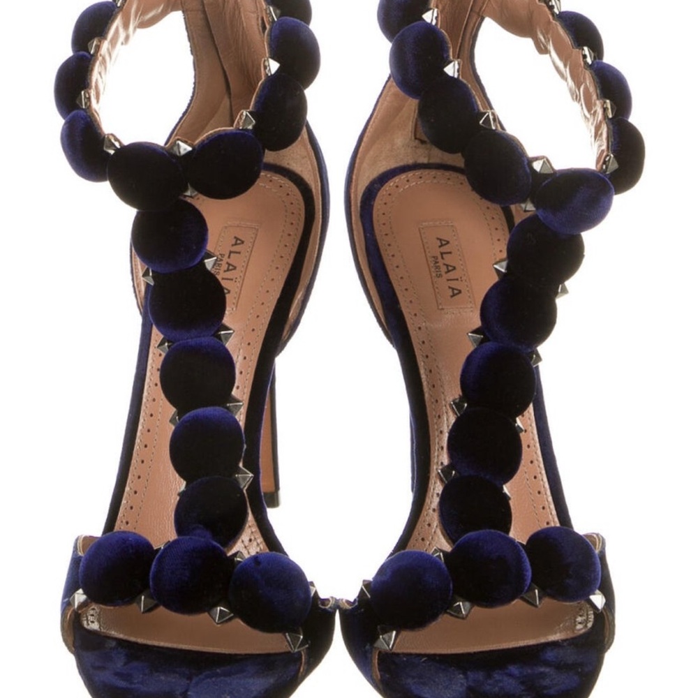 SOLDAlaia Deep Blue Velvet Heels with Studded Design